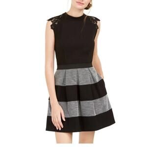 Speechless Juniors' Lace Trim Striped Fit & Flare Dress